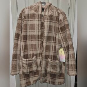 NWT Coco & Shay Plaid Fuzzy Shacket Hooded Fleece Teddy Jacket Women's Plus 2X